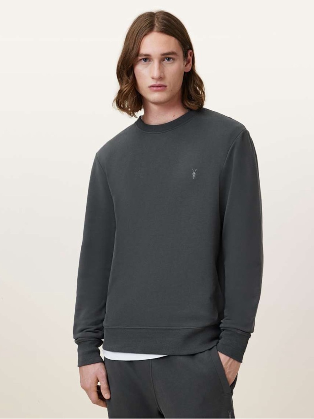 ALLSAINTS RAVEN CREW NECK RAMSKULL SWEATSHIRT IN BLUE/GRAY | LIKE NEW